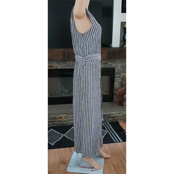 Wide Leg Linen Blend Jumpsuit Romper Sleeveless Pinstriped Pockets Wrap Belt XL - Picture 8 of 16